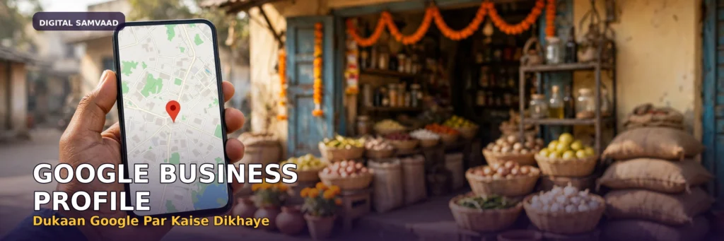 Google Business Profile guide — smartphone showing Google Maps location pin in front of an Indian shop