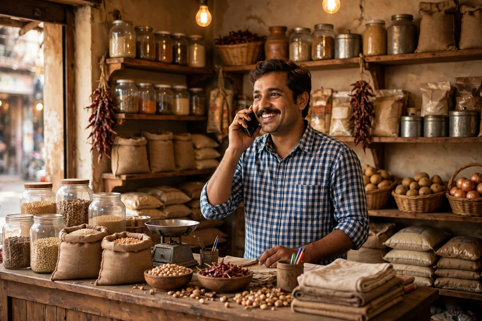 Happy Indian shopkeeper getting a customer call after listing his shop on Google