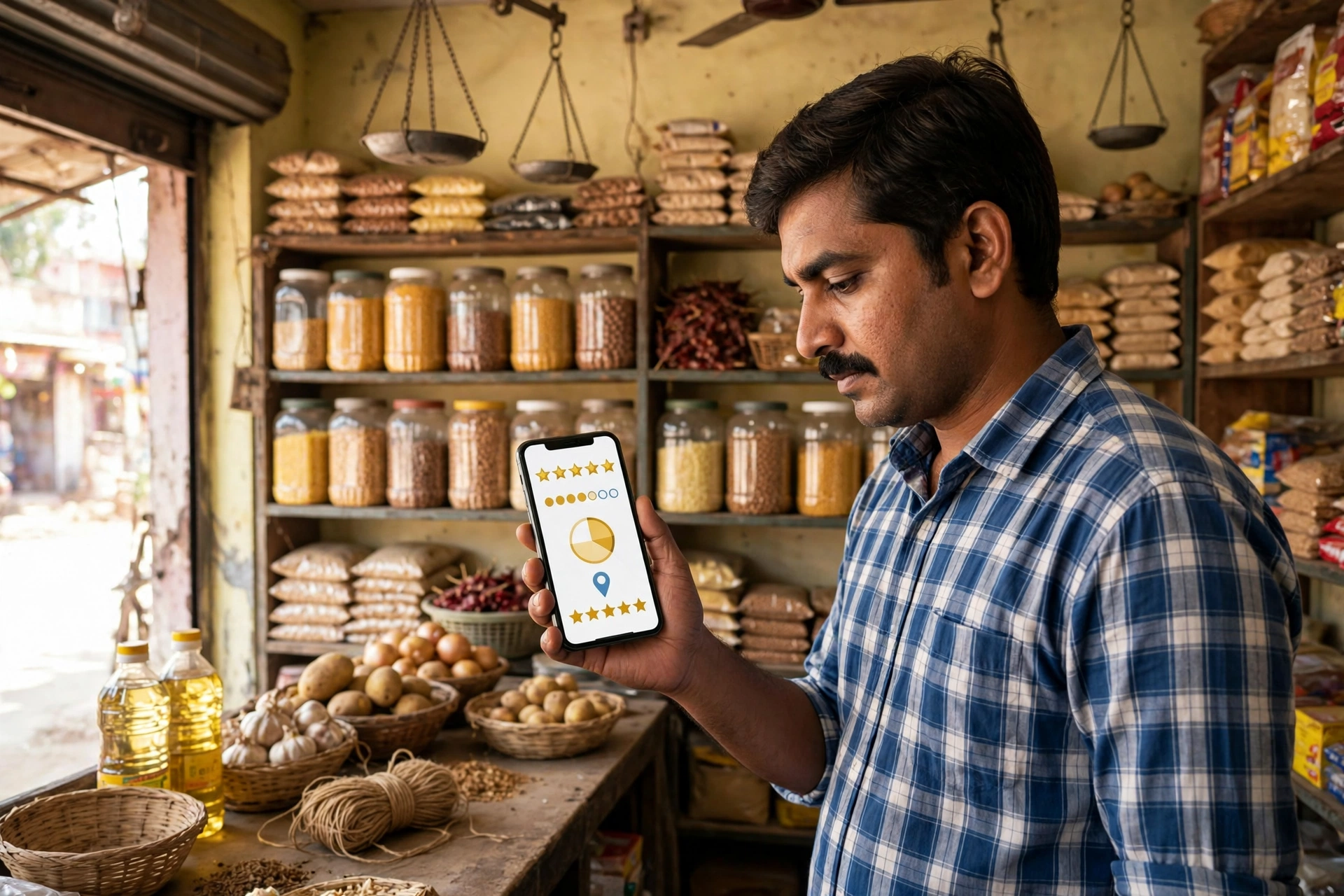 Indian shopkeeper checking his Google business listing with star ratings on smartphone