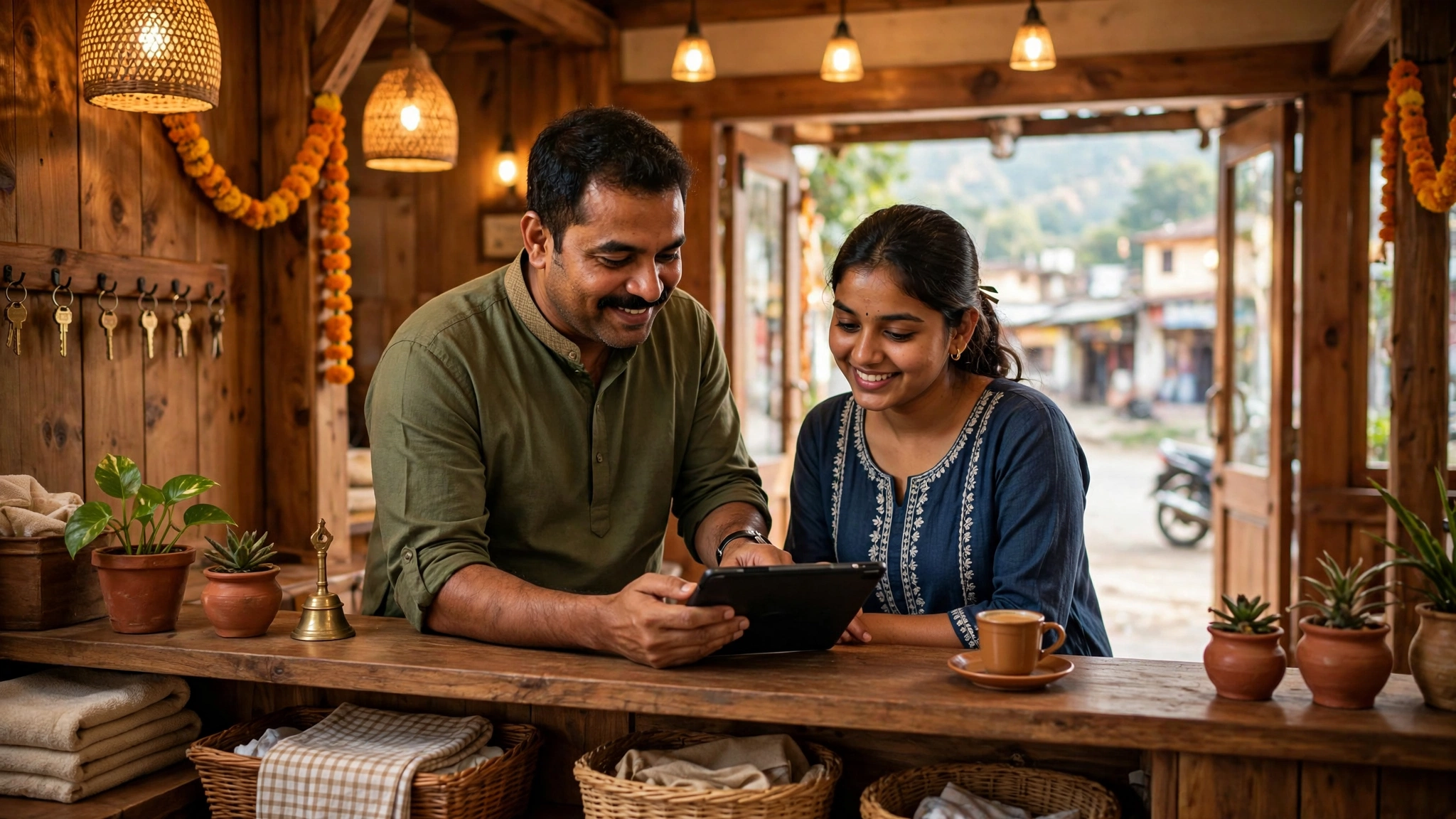 Maharajganj hotel owner managing online room bookings on a tablet